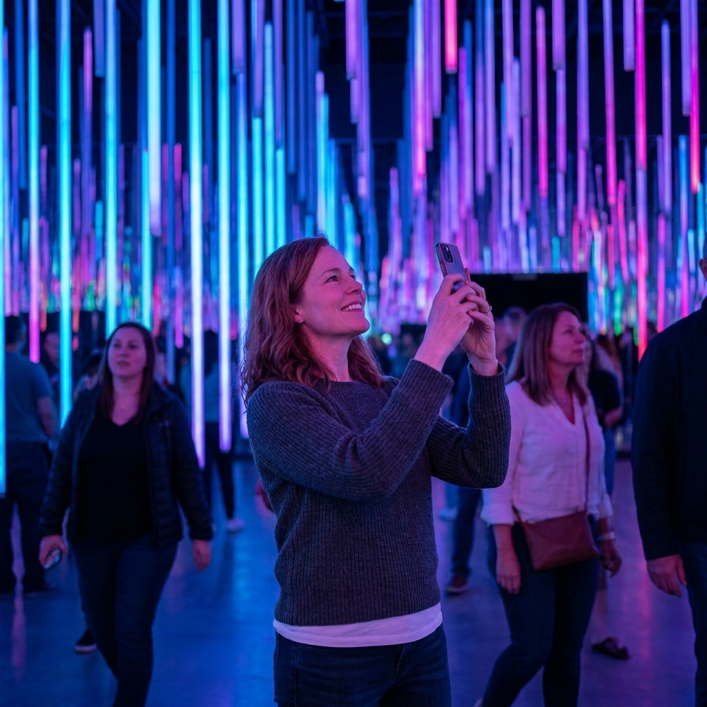 Visitors move through a towering, glowing installation at Superblue in Miami as saturated colors fill the space