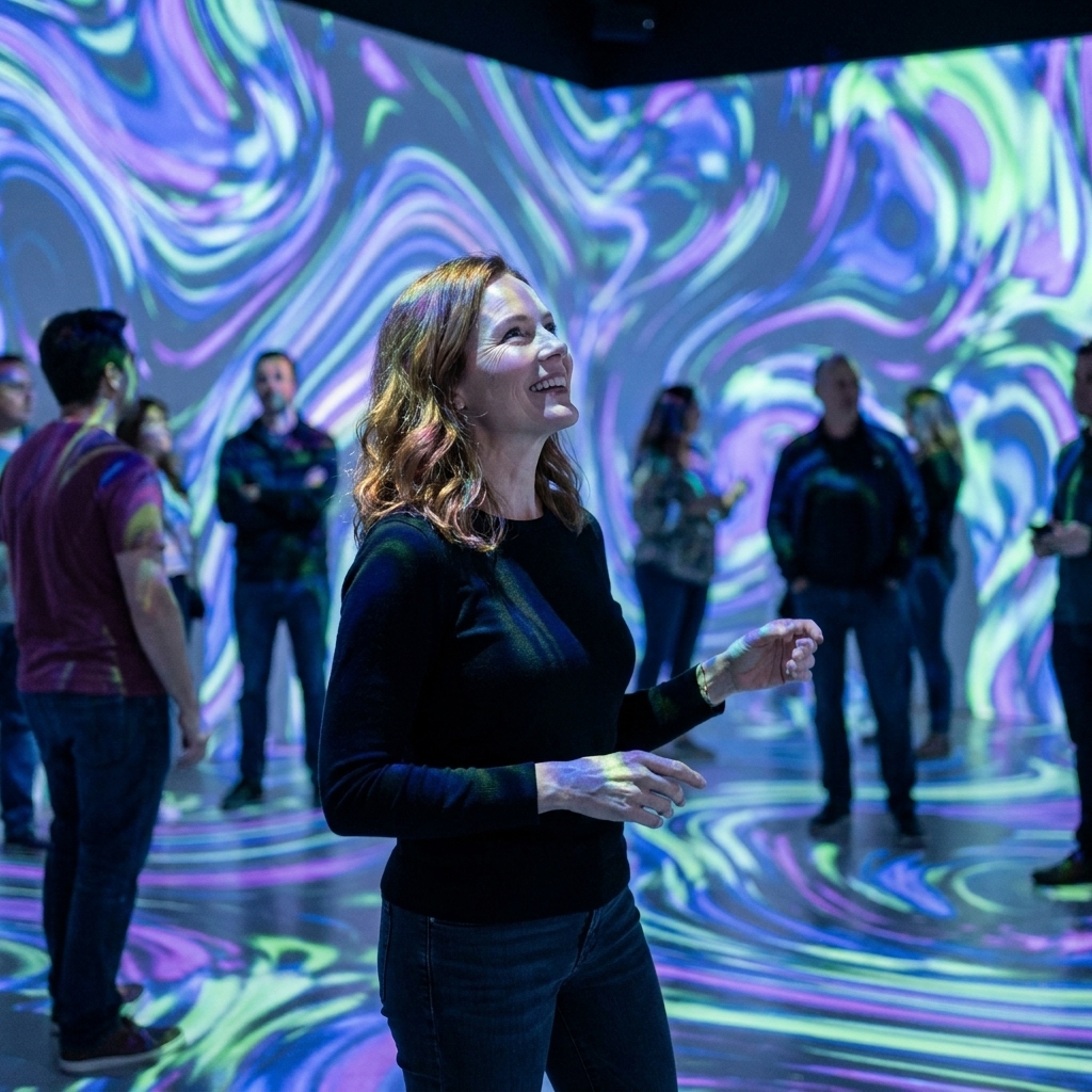 Visitors stand inside an ARTECHOUSE gallery as bright abstract digital visuals wash across the walls and floor