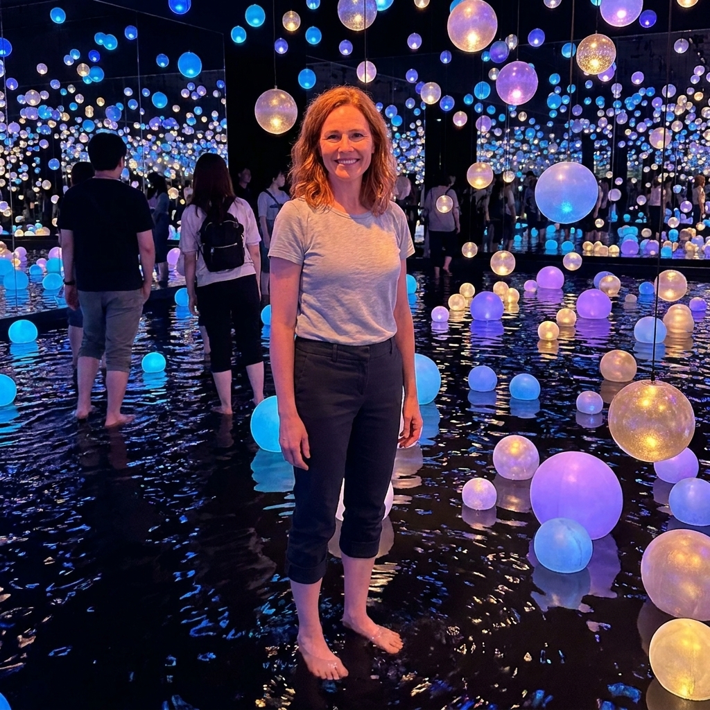 Visitors standing barefoot in a shallow water room with floating, glowing orbs suspended around them at teamLab Planets in Tokyo