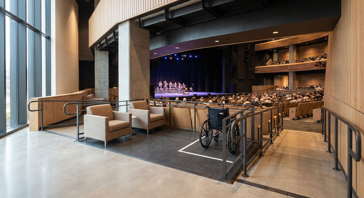 Wheelchair-accessible seating area inside a modern theater with companion seats beside it, with the stage visible in the distance